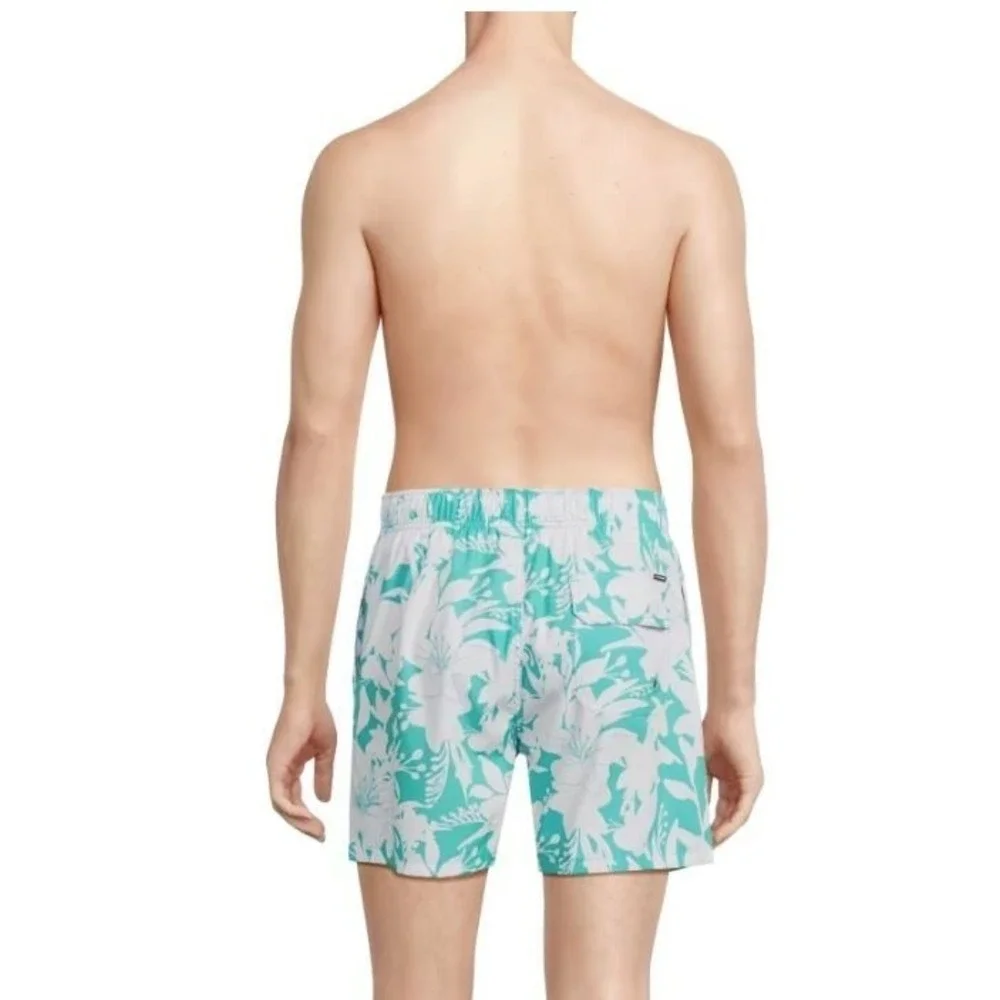 Vintage Summer Men's Tropical Print Drawstring Volley‎ Swim Trunks in Teal Large